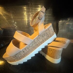 Madden Girl Cream Cork Platform Sandals with Ankle Strap